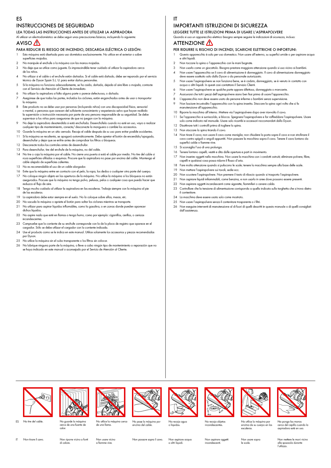 Dyson DC 23 manual Instrucciones DE Seguridad, Aviso, Importanti Istruzioni DI Sicurezza, Attenzione 