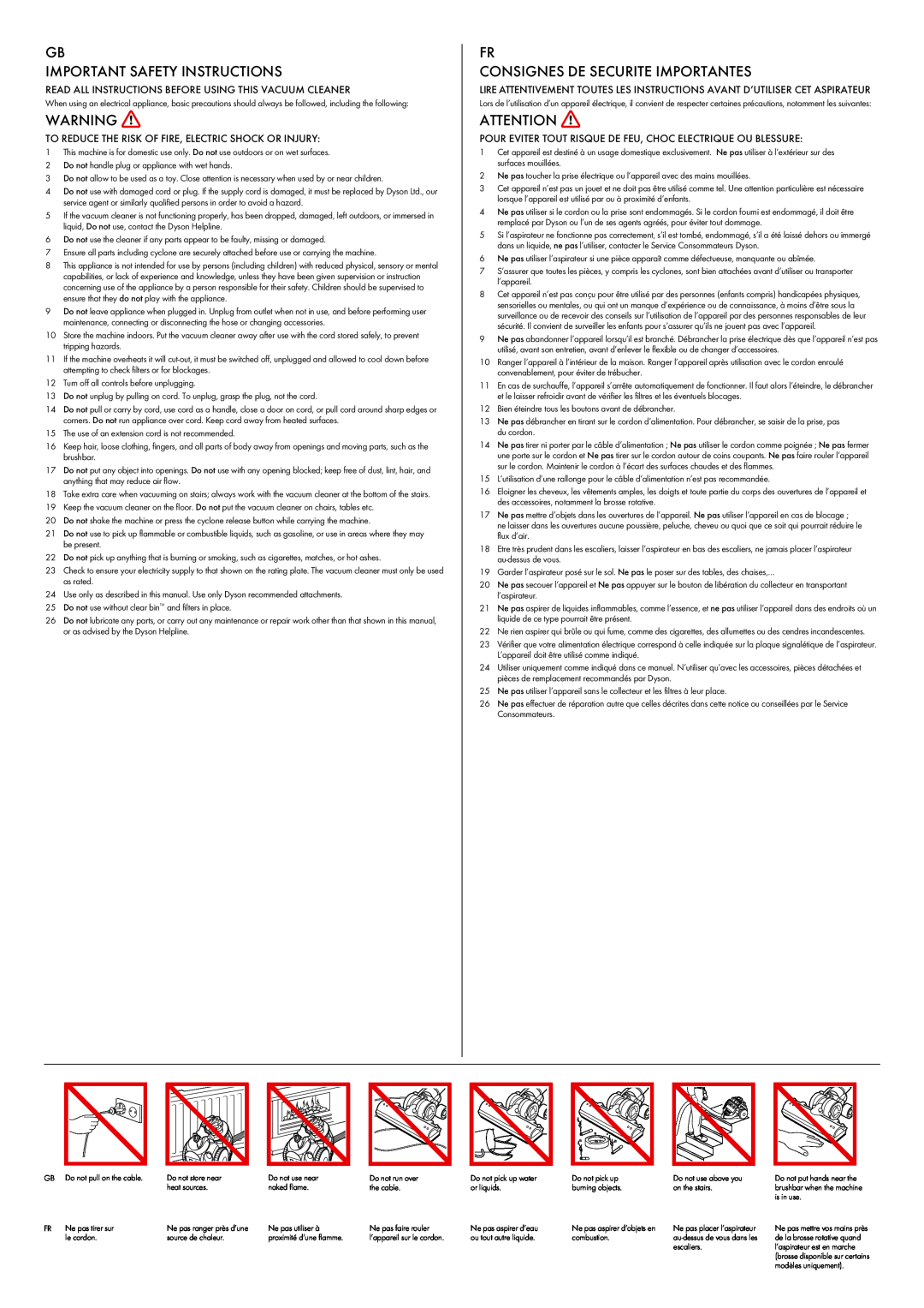 Dyson DC 23 manual Gb Important Safety Instructions, Fr Consignes De Securite Importantes 