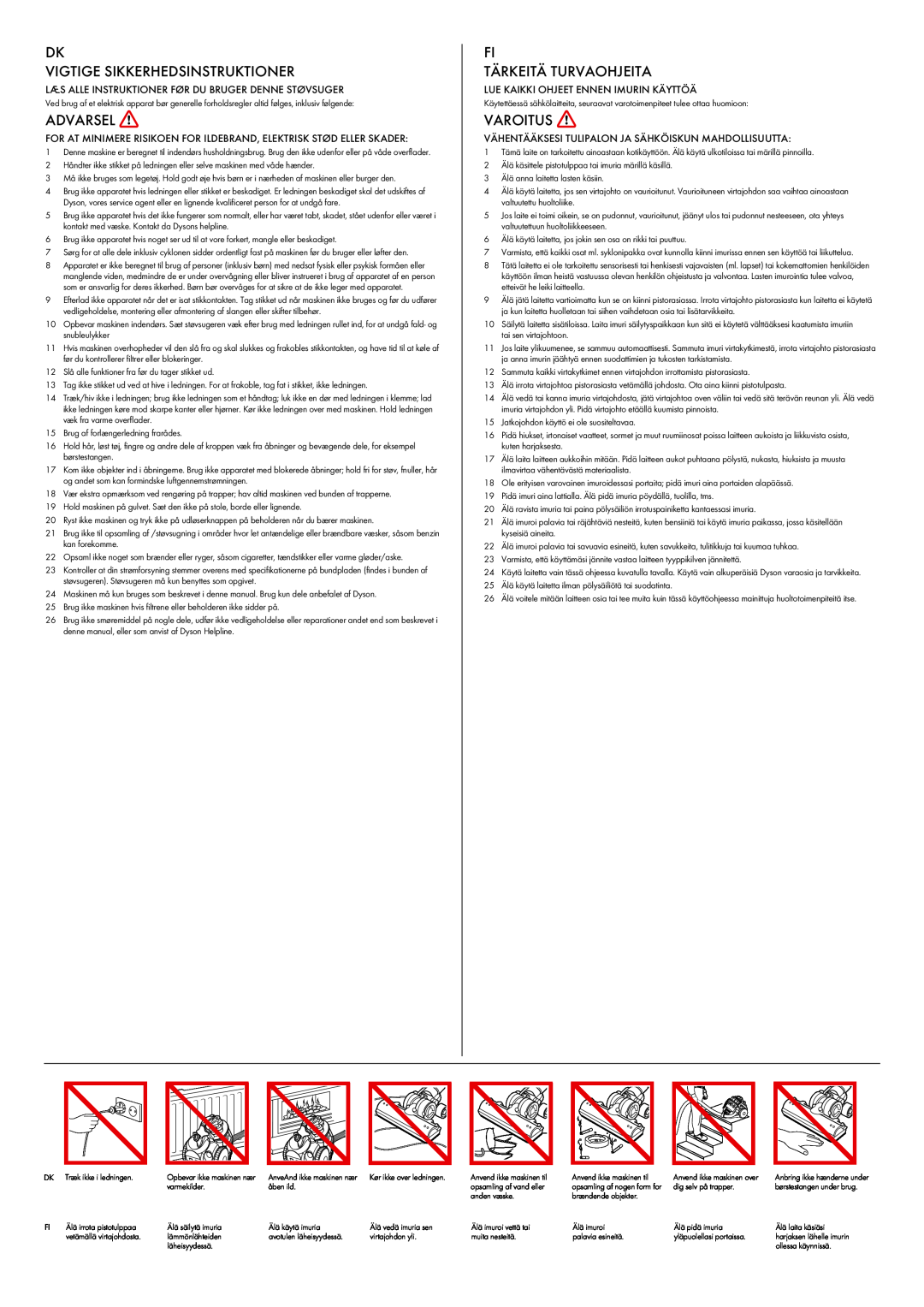 Dyson DC 23 manual Dk Vigtige Sikkerhedsinstruktioner, Advarsel, Fi Tärkeitä Turvaohjeita, Varoitus 
