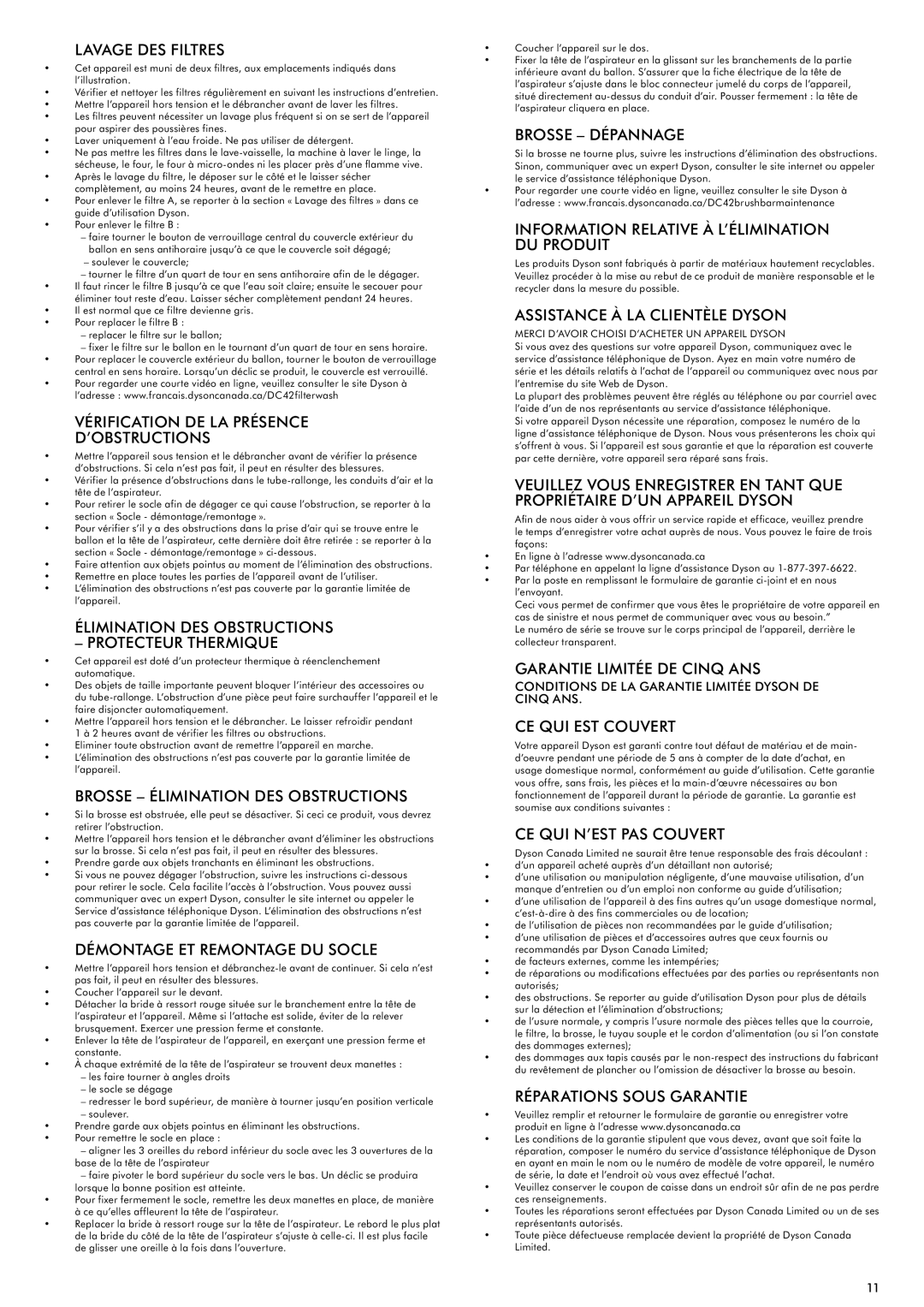 Dyson DC 42 warranty Lavage DES Filtres, Vérification DE LA Présence ’OBSTRUCTIONS, Brosse Élimination DES Obstructions 