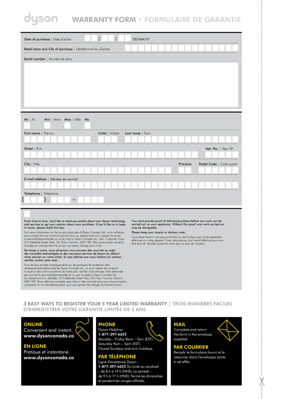 Dyson DC 42 warranty Warranty Form Formulaire de garantie, Dd/Mm/Yy 