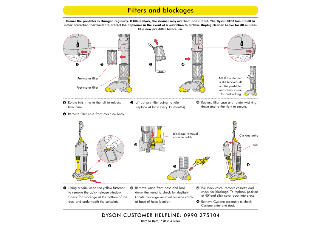 Dyson DC03 manual Filters and blockages, Pre-motor filter Post-motor filter 