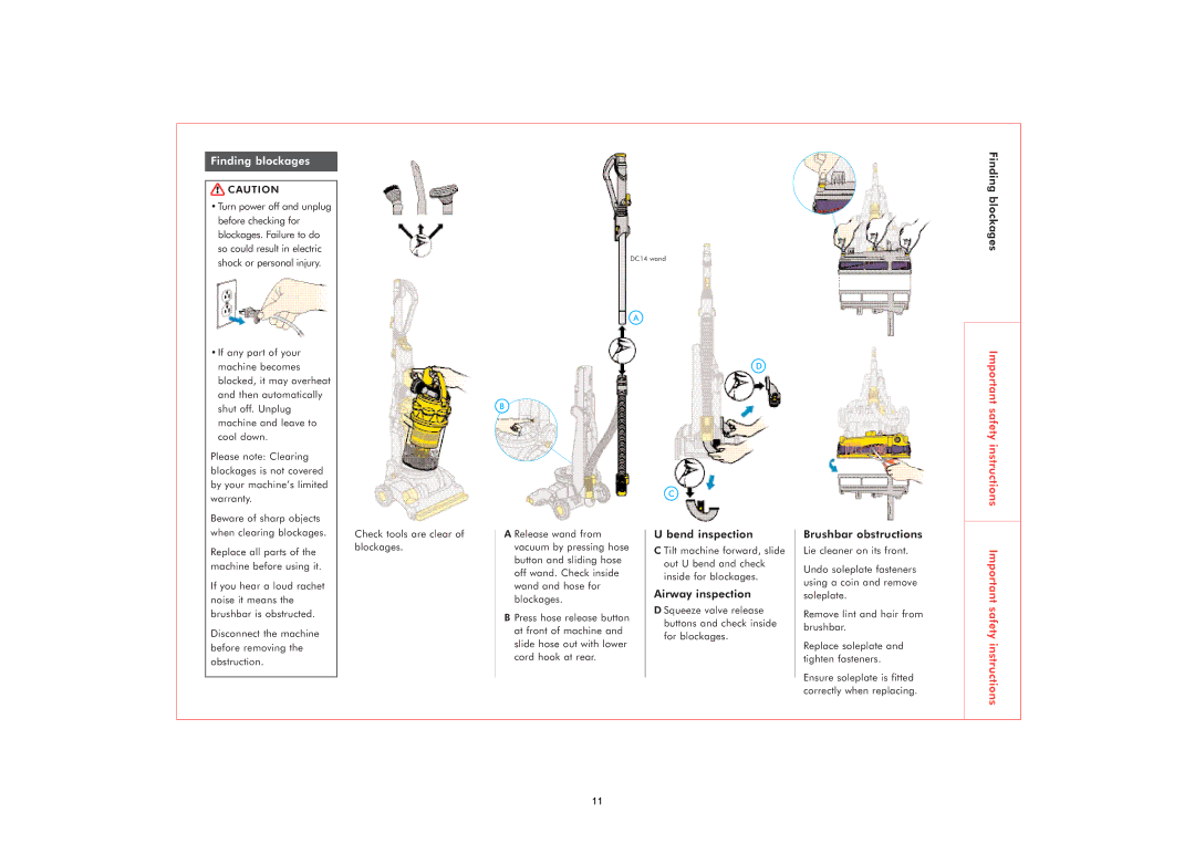 Dyson DC07 owner manual Finding blockages, Bend inspection, Airway inspection, Brushbar obstructions 