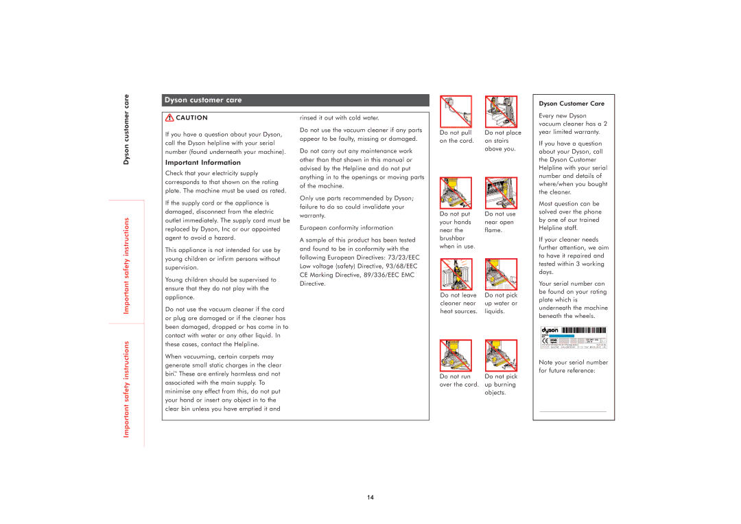 Dyson DC07 owner manual Dyson customer care, Care, Important Information 