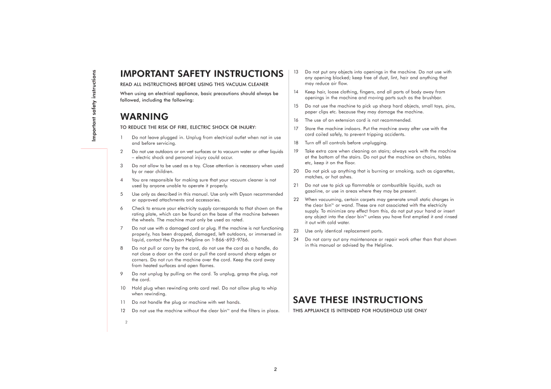 Dyson DC07 owner manual Important Safety Instructions, Important safety instructions 