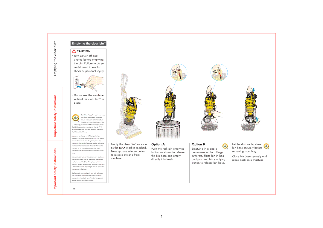 Dyson DC07 owner manual Emptying the clear binTM, Option a, Option B 