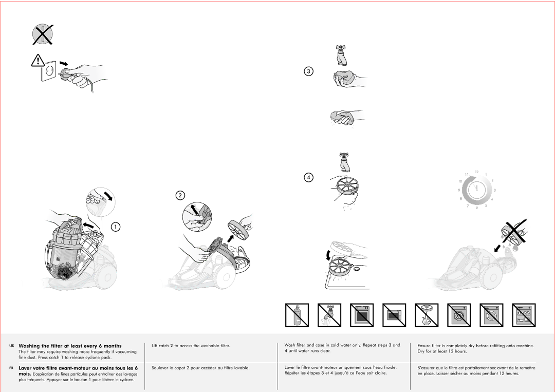 Dyson DC08 manual Washing the filter at least every 6 months, Laver votre filtre avant-moteur au moins tous les 