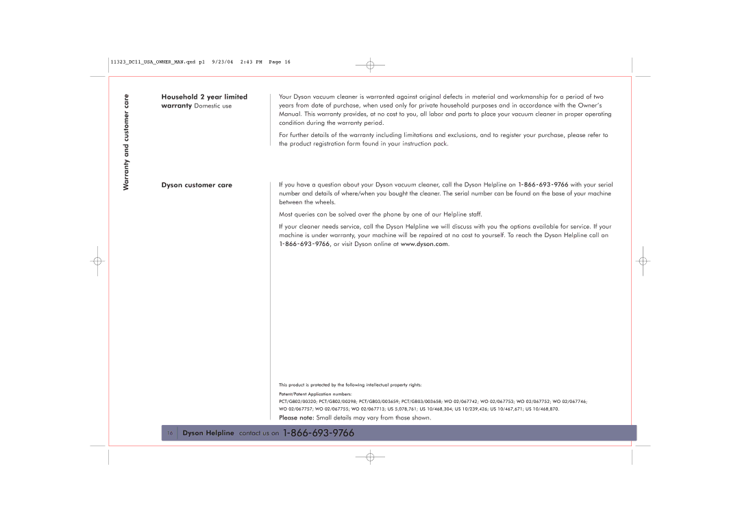 Dyson DC11 owner manual Warranty and customer care, Dyson customer care 