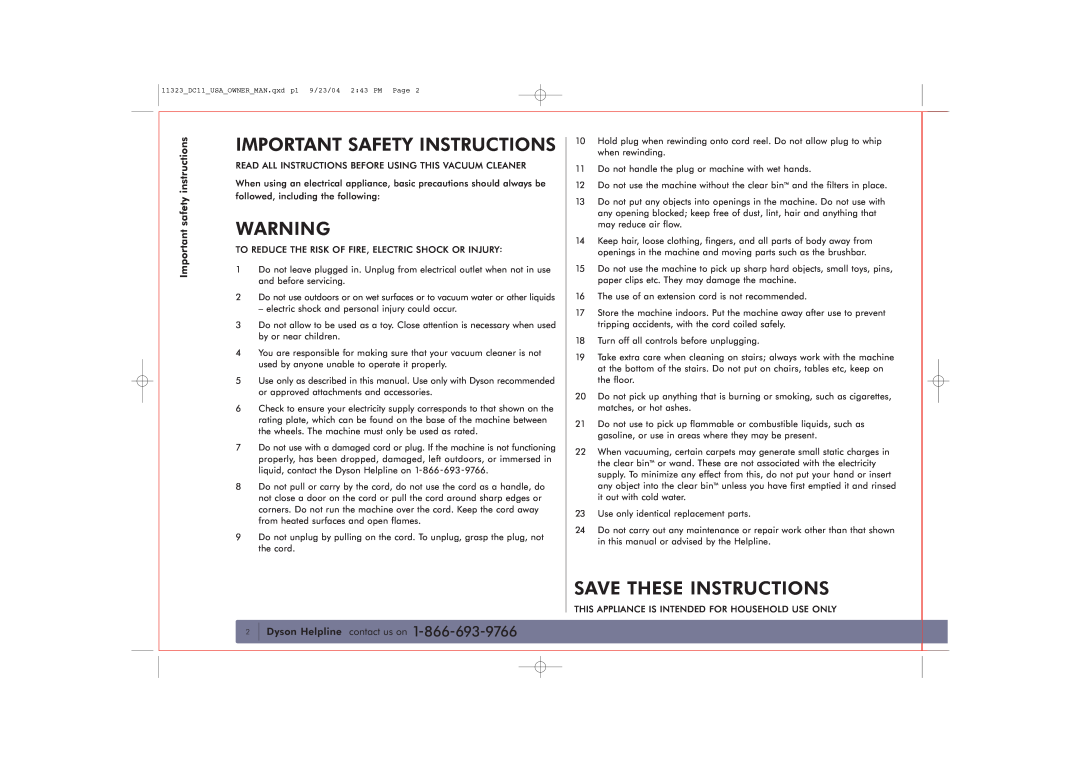 Dyson DC11 owner manual Important safety instructions, Dyson Helpline contact us on, Important Safety Instructions 