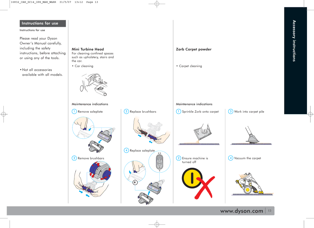 Dyson DC14 owner manual Instructions for use, Accessory instructions 