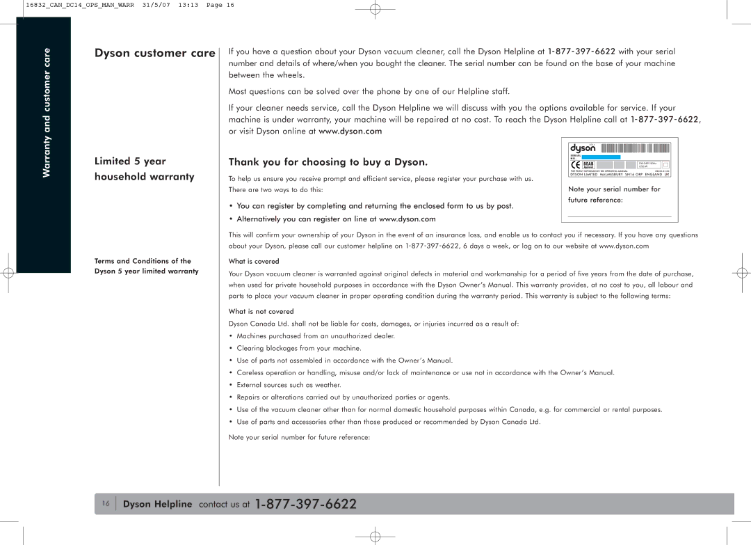 Dyson DC14 owner manual Customer care, Warranty 