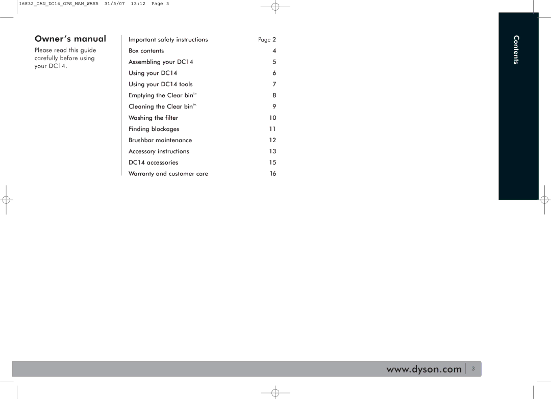 Dyson DC14 owner manual Contents 