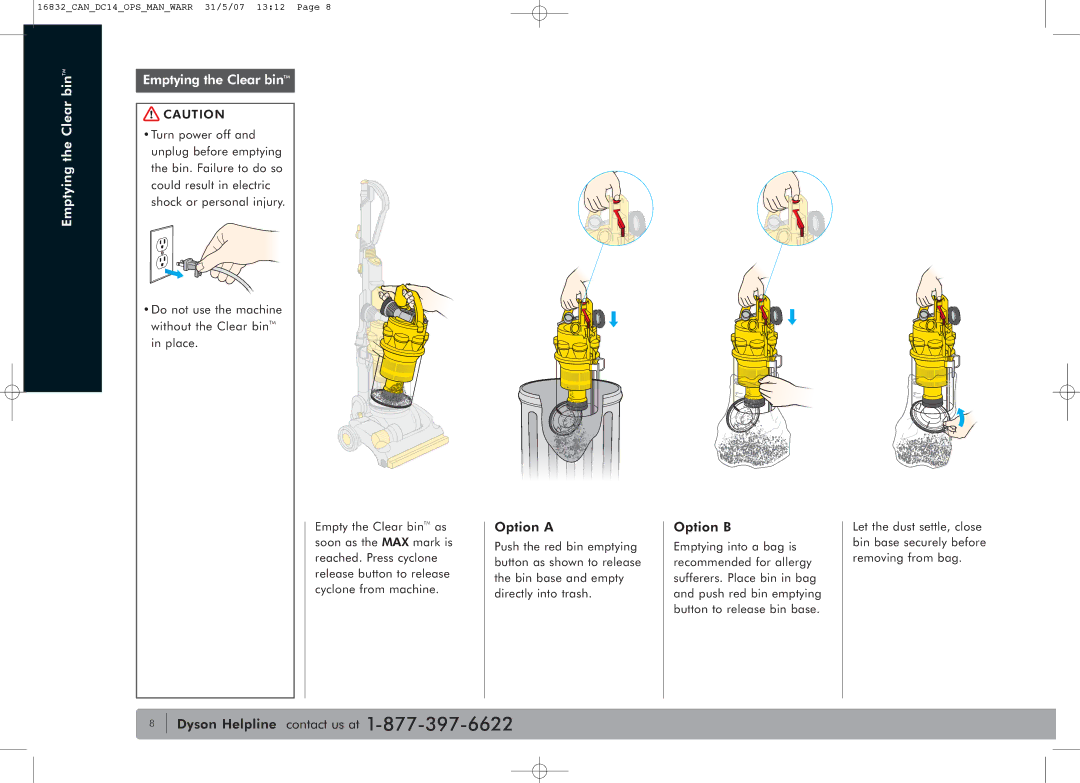 Dyson DC14 owner manual Emptying the Clear binTM, Option a, Option B 