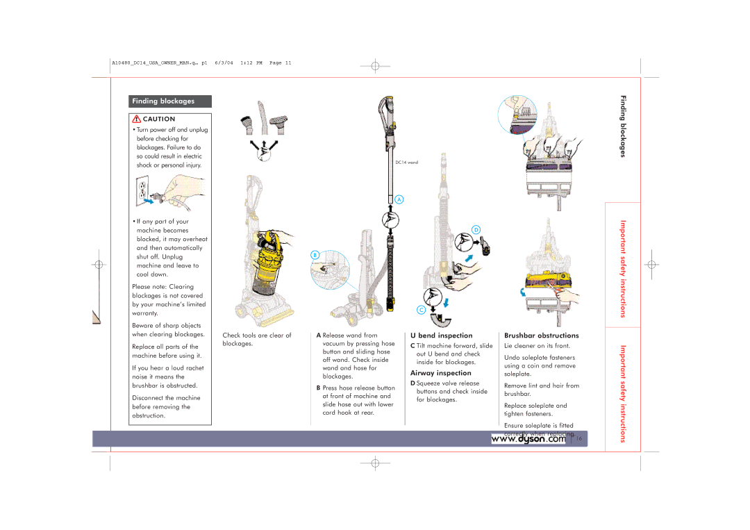 Dyson DC14 owner manual Finding blockages, Bend inspection, Airway inspection, Brushbar obstructions 