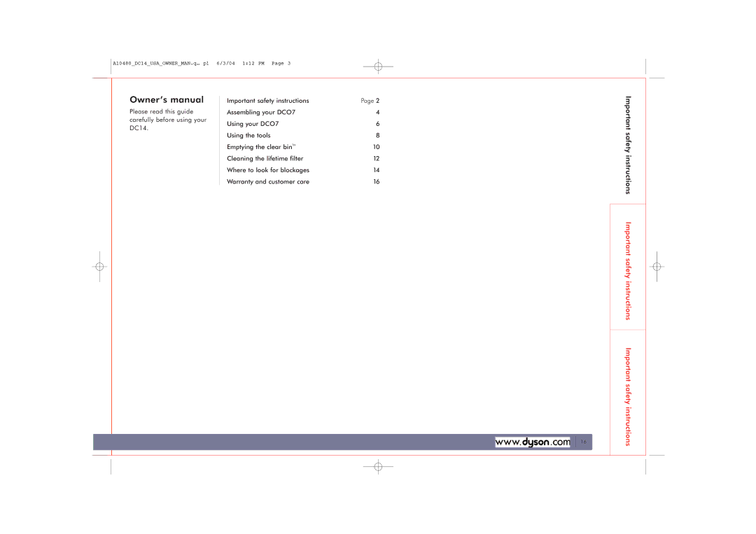 Dyson DC14 owner manual Important safety instructions 