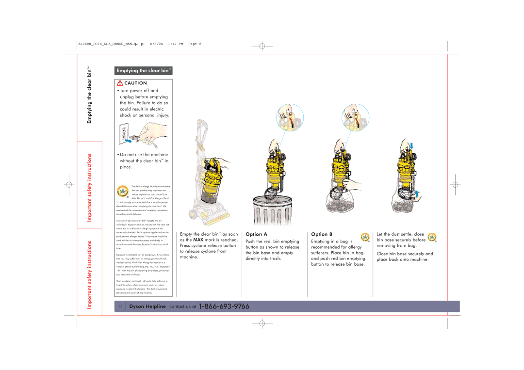 Dyson DC14 owner manual Emptying the clear binTM, Option a, Option B 