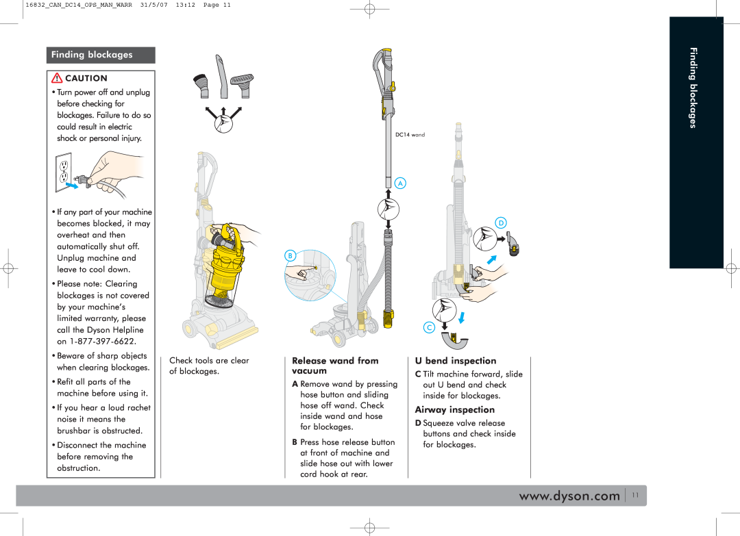 Dyson DC14 owner manual Finding blockages, Release wand from vacuum, U bend inspection, Airway inspection 