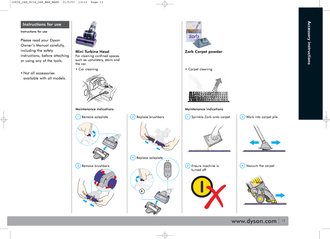 Dyson DC14 owner manual Instructions for use, Accessory instructions 