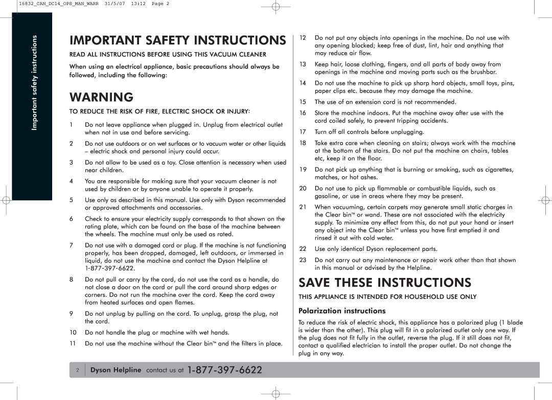 Dyson DC14 owner manual Polarization instructions, Important safety instructions, Important Safety Instructions 