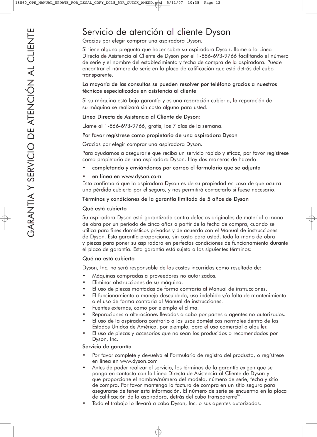 Dyson DC18 manual Garantia Y Servicio DE Atención AL Cliente, Servicio de atención al cliente Dyson 