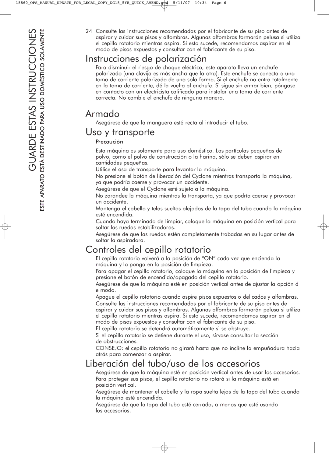 Dyson DC18 manual Guarde Estas Instrucciones 