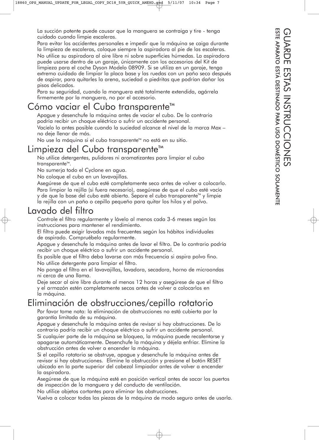 Dyson DC18 manual Cómo vaciar el Cubo transparenteTM, Limpieza del Cubo transparenteTM, Lavado del filtro 