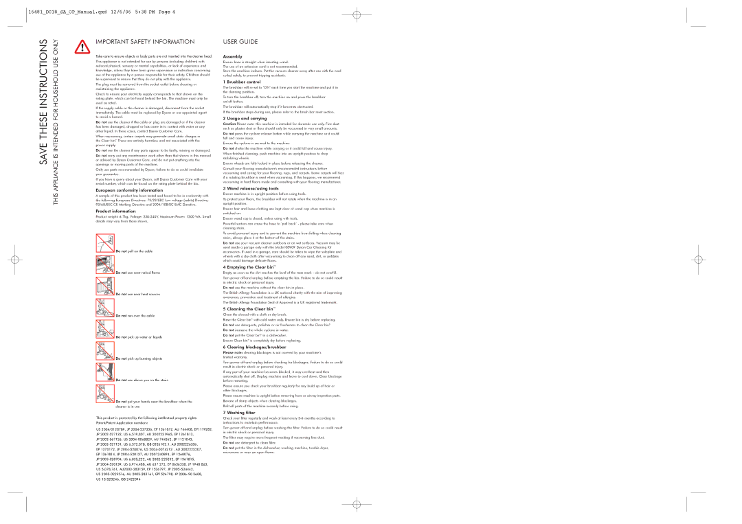 Dyson DC18SAOP manual Important Safety Information 