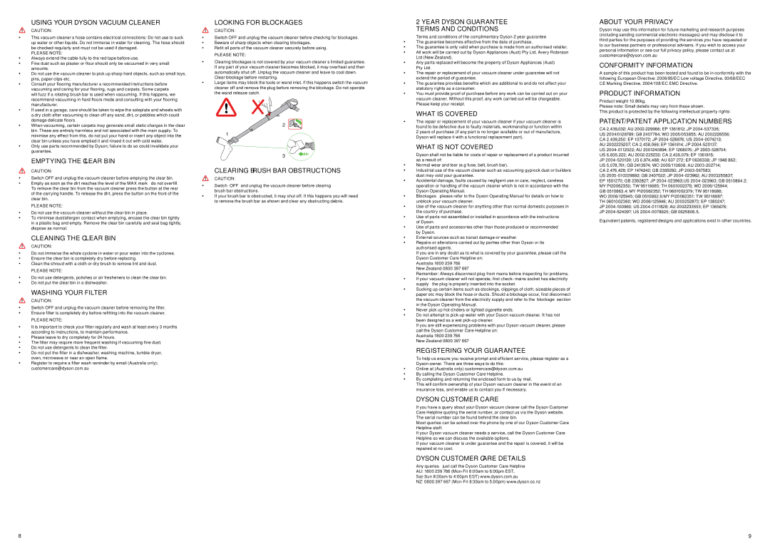 Dyson DC23 manual Using Your Dyson Vacuum Cleaner, Washing Your Filter, Looking for Blockages, Registering Your Guarantee 