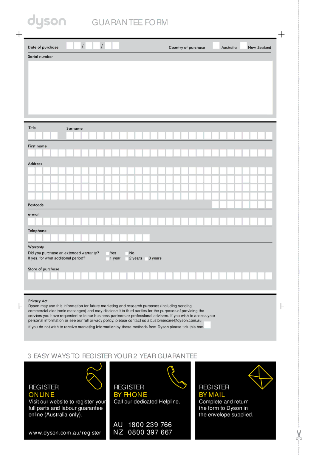 Dyson DC23 manual Guarantee Form 