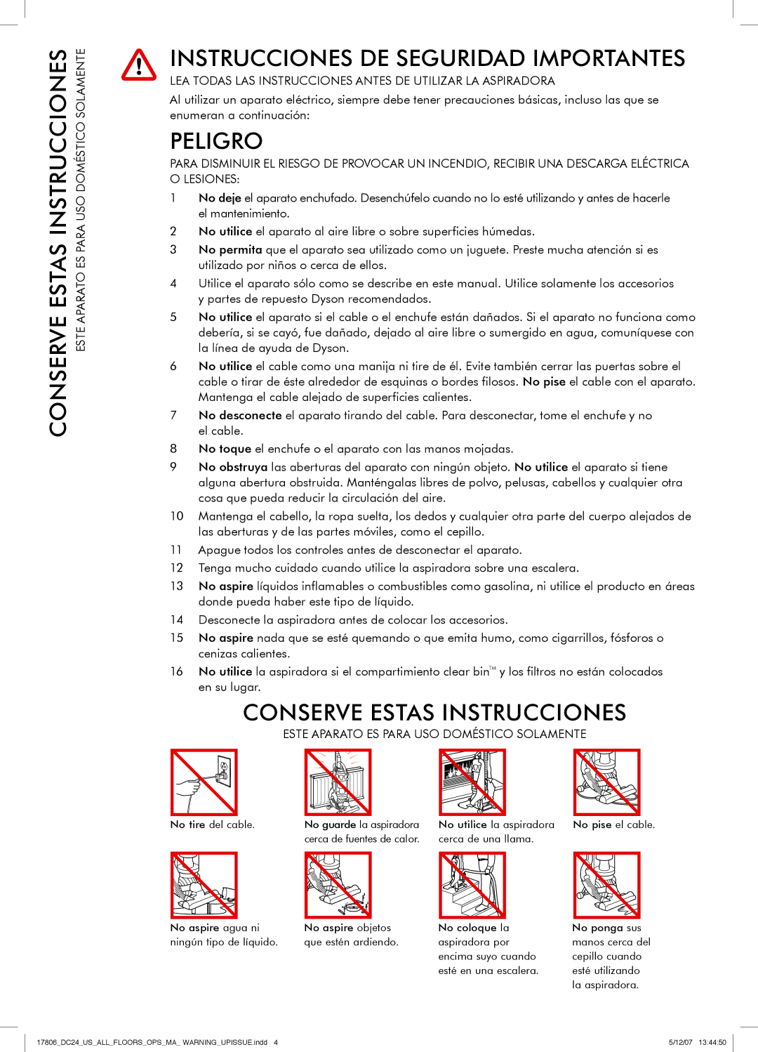 Dyson DC24 manual Instrucciones DE Seguridad Importantes 