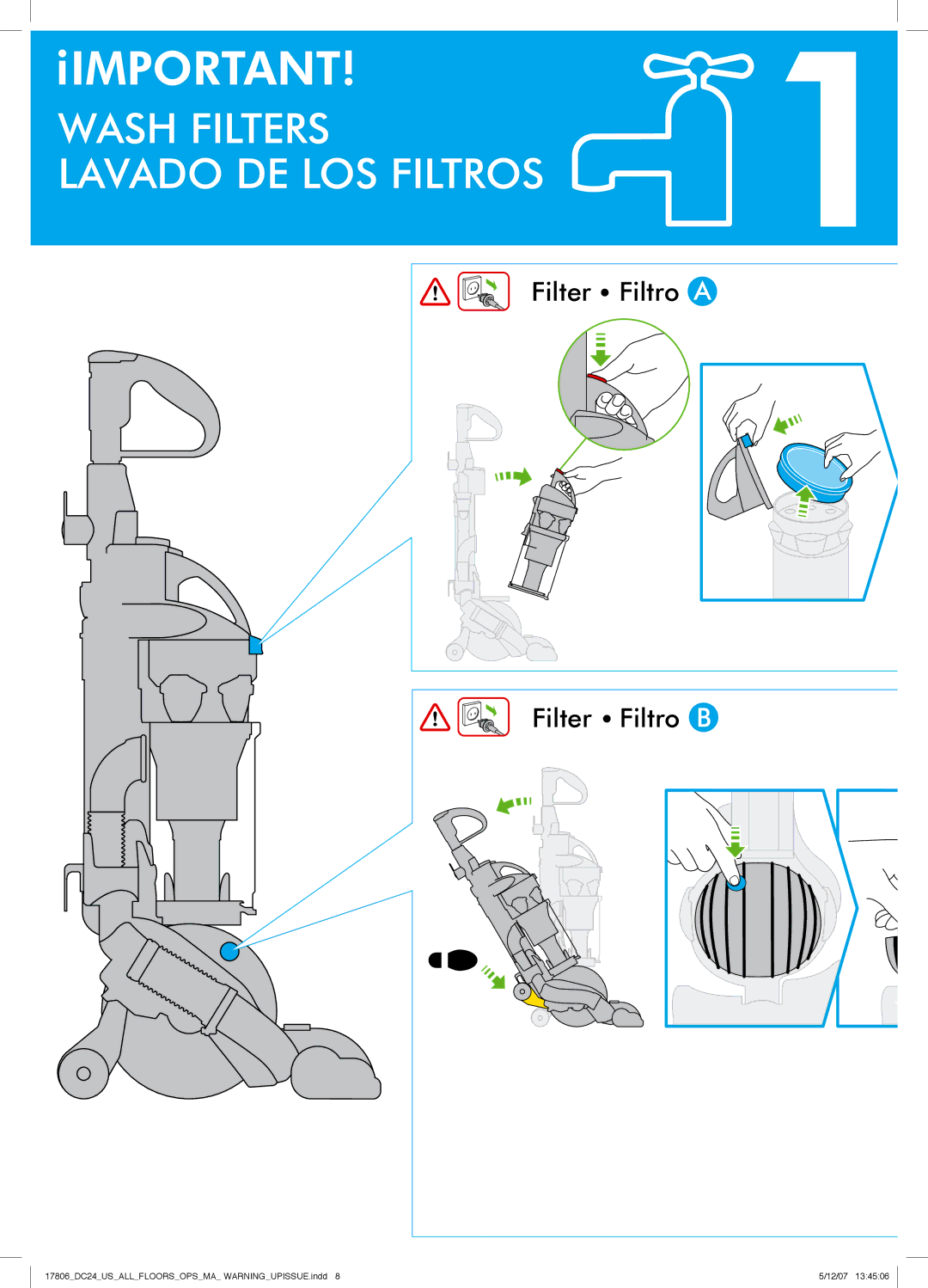 Dyson DC24 manual ¡IMPORTANT!1, Filter Filtro a Filter Filtro B 