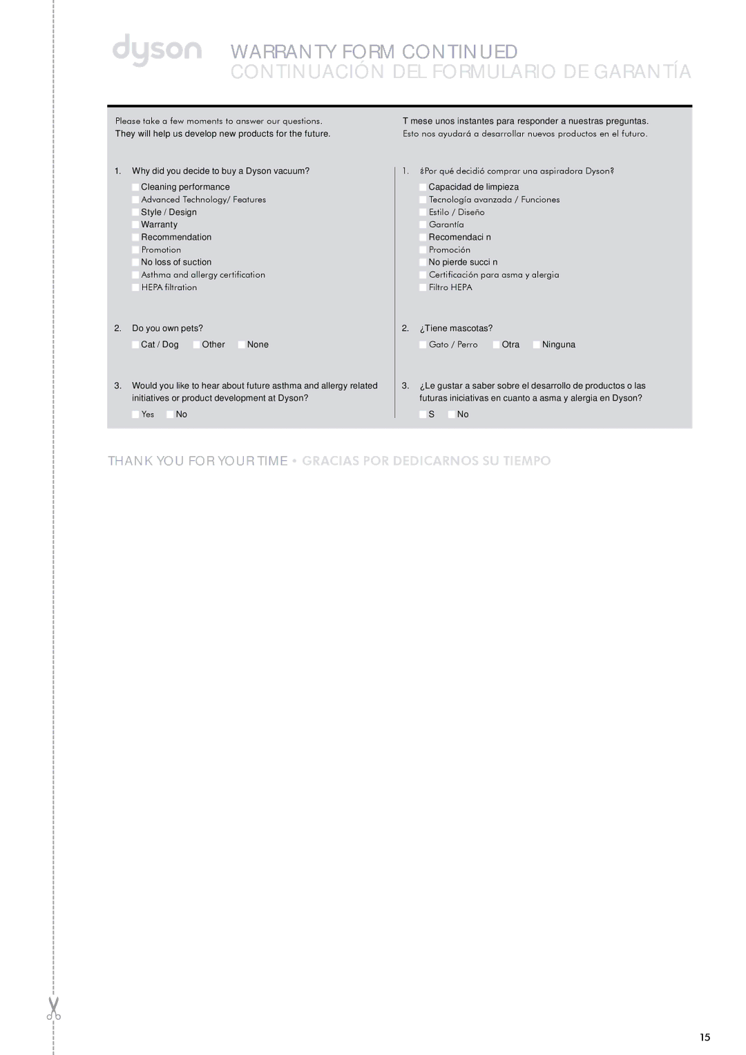 Dyson DC28 warranty Continuación DEL Formulario DE Garantía 