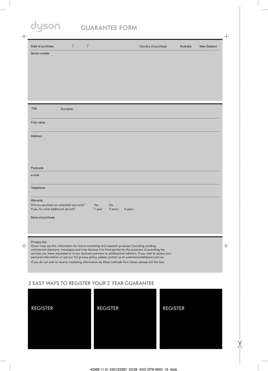 Dyson DC29 manual Guarantee Form, Online By Phone By Mail 