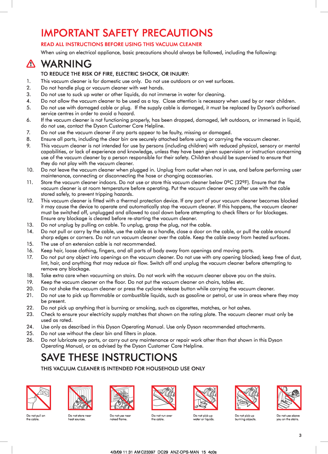 Dyson DC29 Important Safety Precautions, Save These Instructions, Read All Instructions Before Using This Vacuum Cleaner 