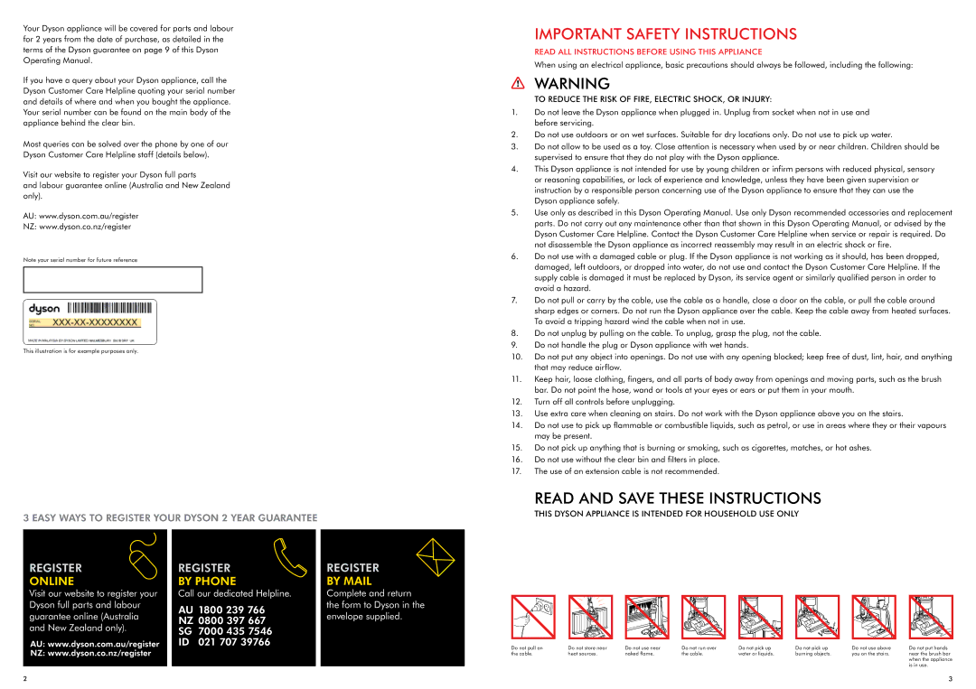 Dyson DC33 To Reduce the Risk of FIRE, Electric SHOCK, or Injury, This Dyson Appliance is Intended for Household USE only 