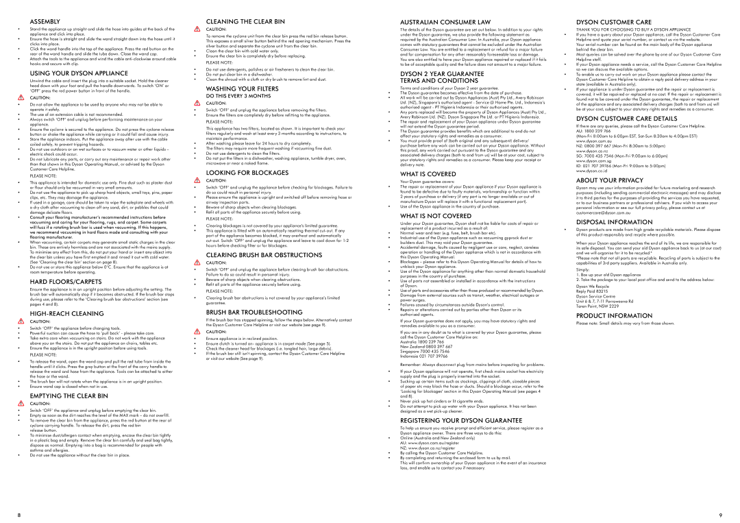 Dyson DC33 manual Assembly, Hard FLOORS/CARPETS, HIGH-REACH Cleaning, Emptying the Clear BIN, Cleaning the Clear BIN 