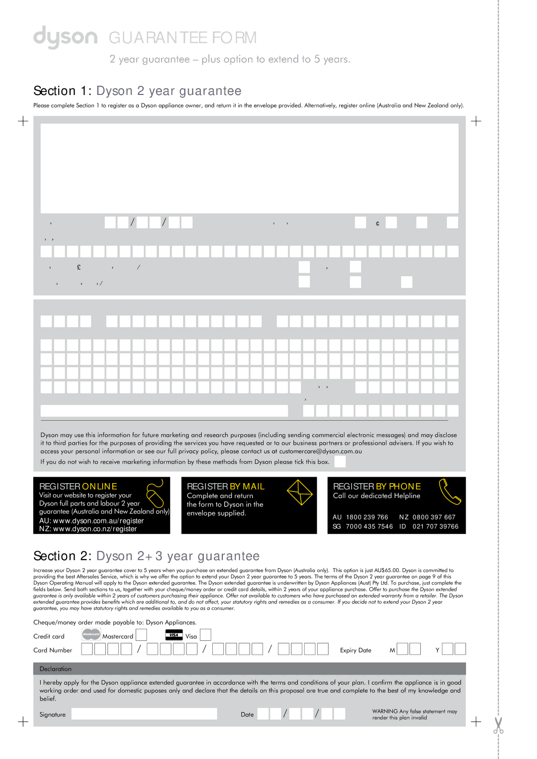 Dyson DC33 manual Guarantee Form, Cheque/money order made payable to Dyson Appliances 