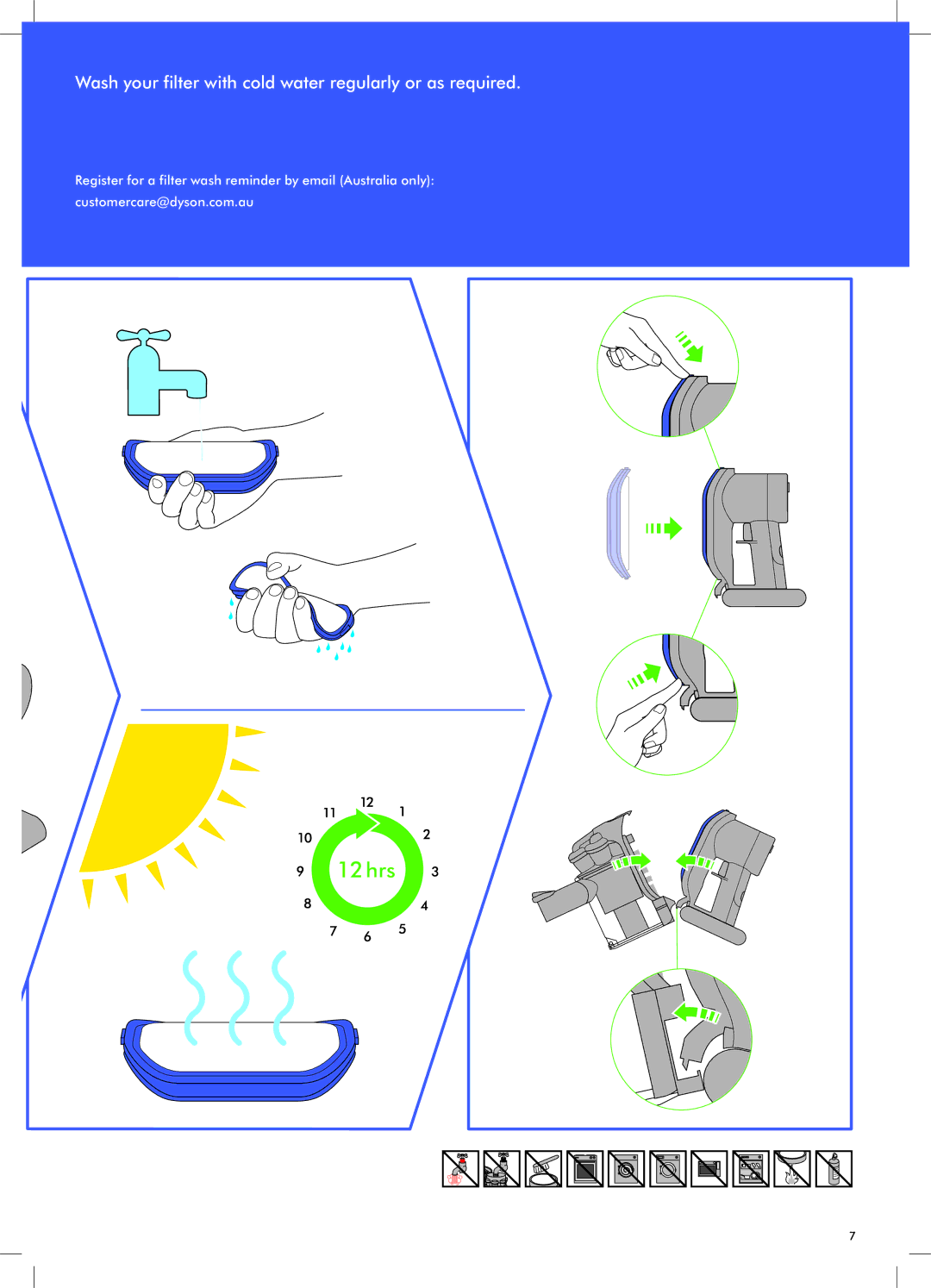 Dyson DC34 manual Wash your filter with cold water regularly or as required 