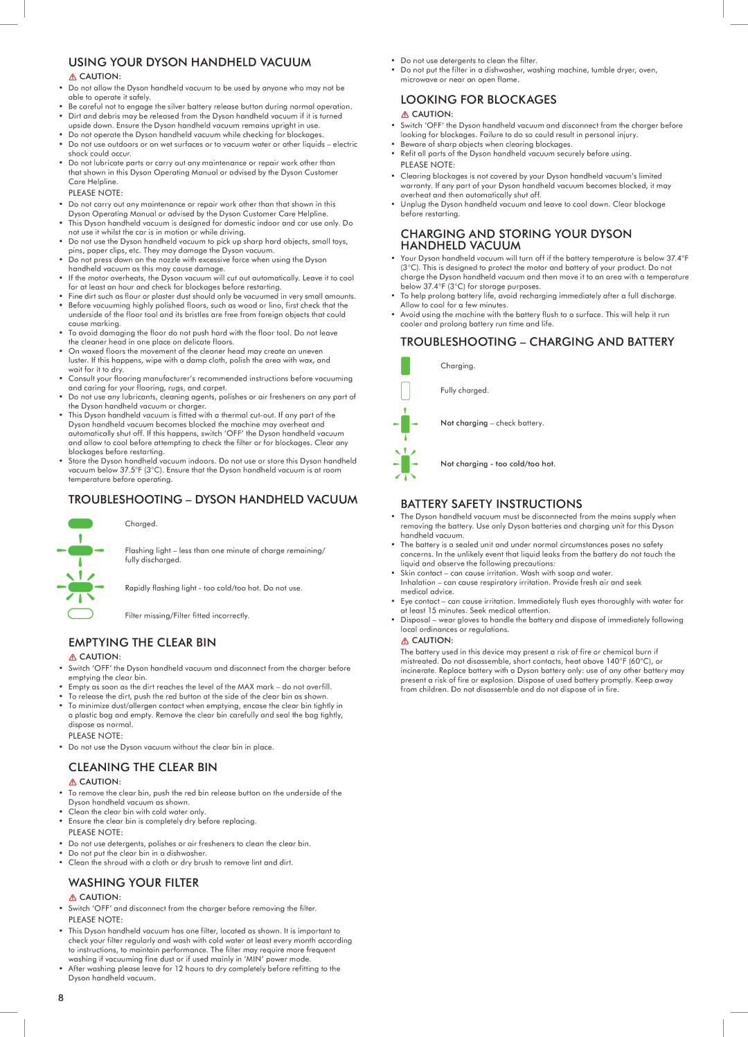 Dyson DC34 warranty Troubleshooting Dyson Handheld Vacuum, Charging and Storing Your Dyson Handheld Vacuum 