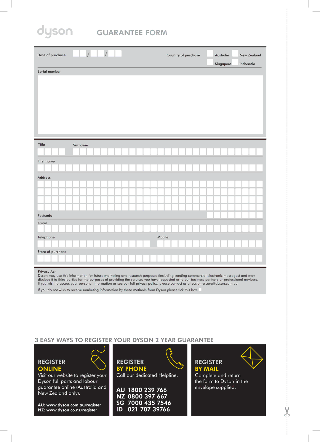 Dyson DC35 manual Guarantee Form 