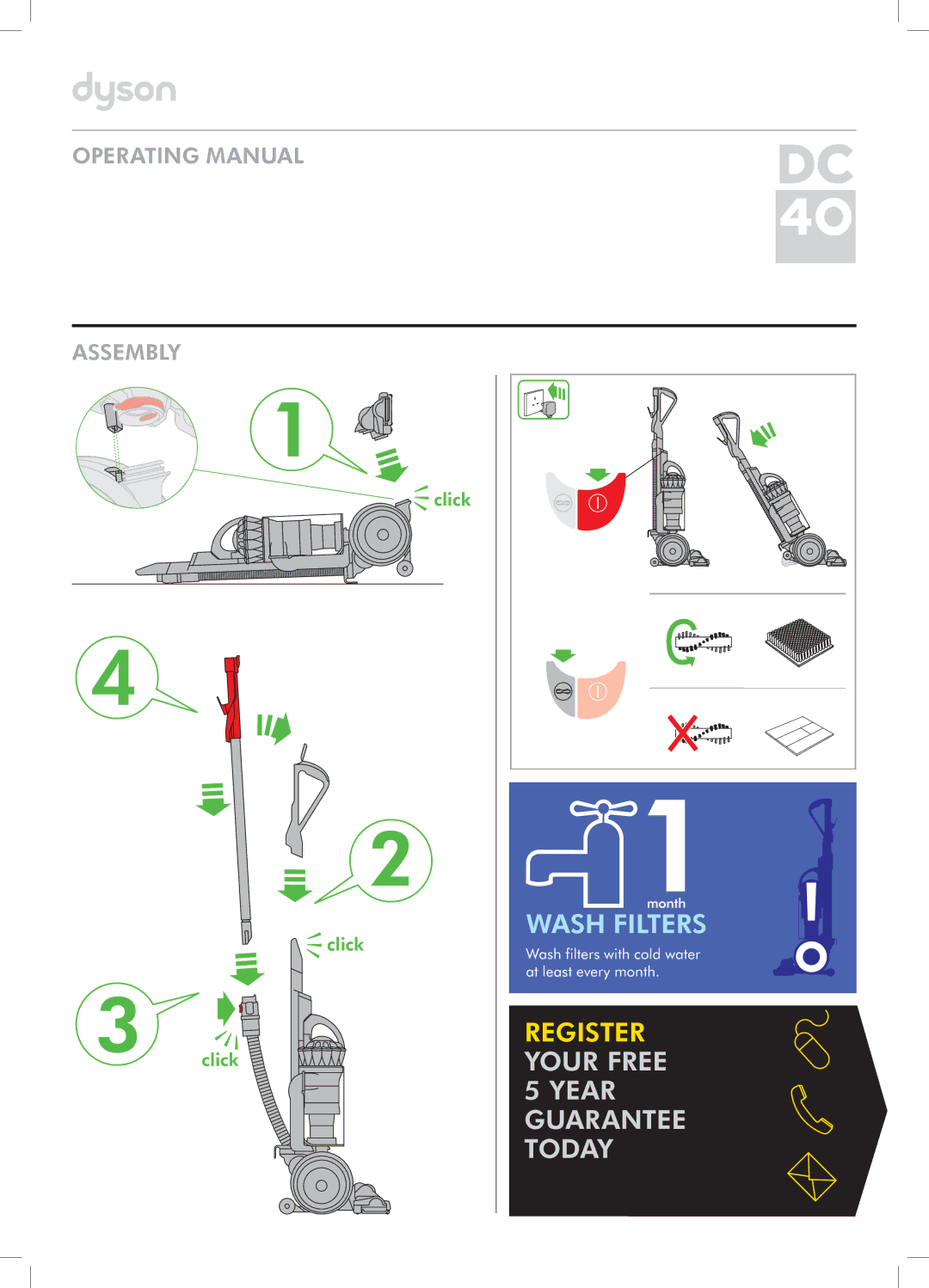 Dyson DC40 manual Wash Filters 