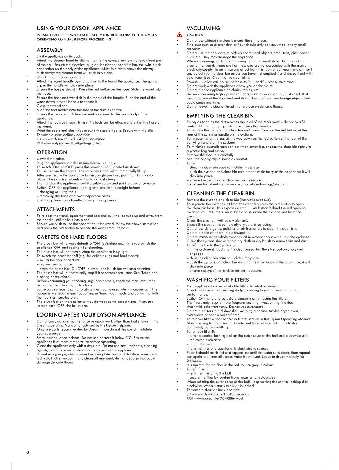 Dyson DC40 Using Your Dyson Appliance, Assembly, Operation, Carpets or Hard Floors, Looking After Your Dyson Appliance 