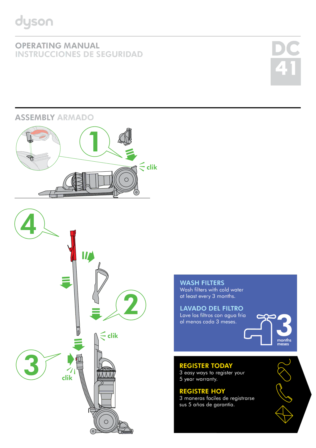 Dyson 13729571, DC41 warranty Operating Manual Instrucciones DE Seguridad Assembly Armado 