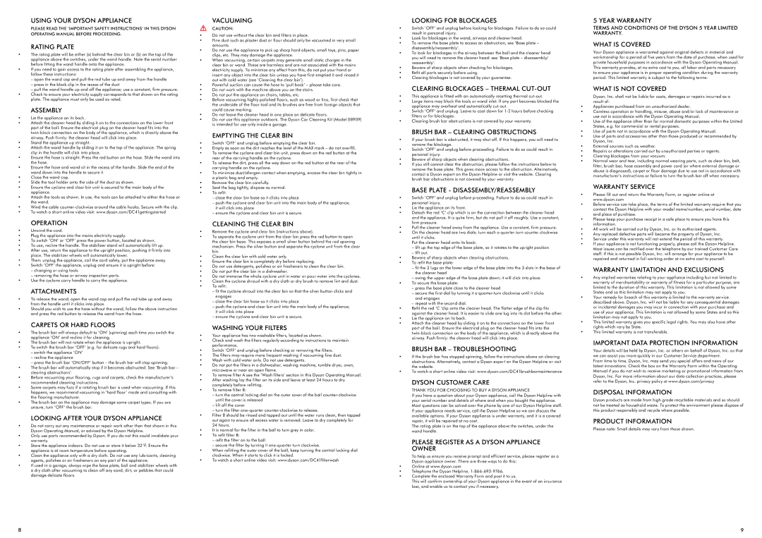 Dyson 13729571, DC41 Using Your Dyson Appliance, Rating Plate, Assembly, Operation, Attachments, Carpets or Hard Floors 