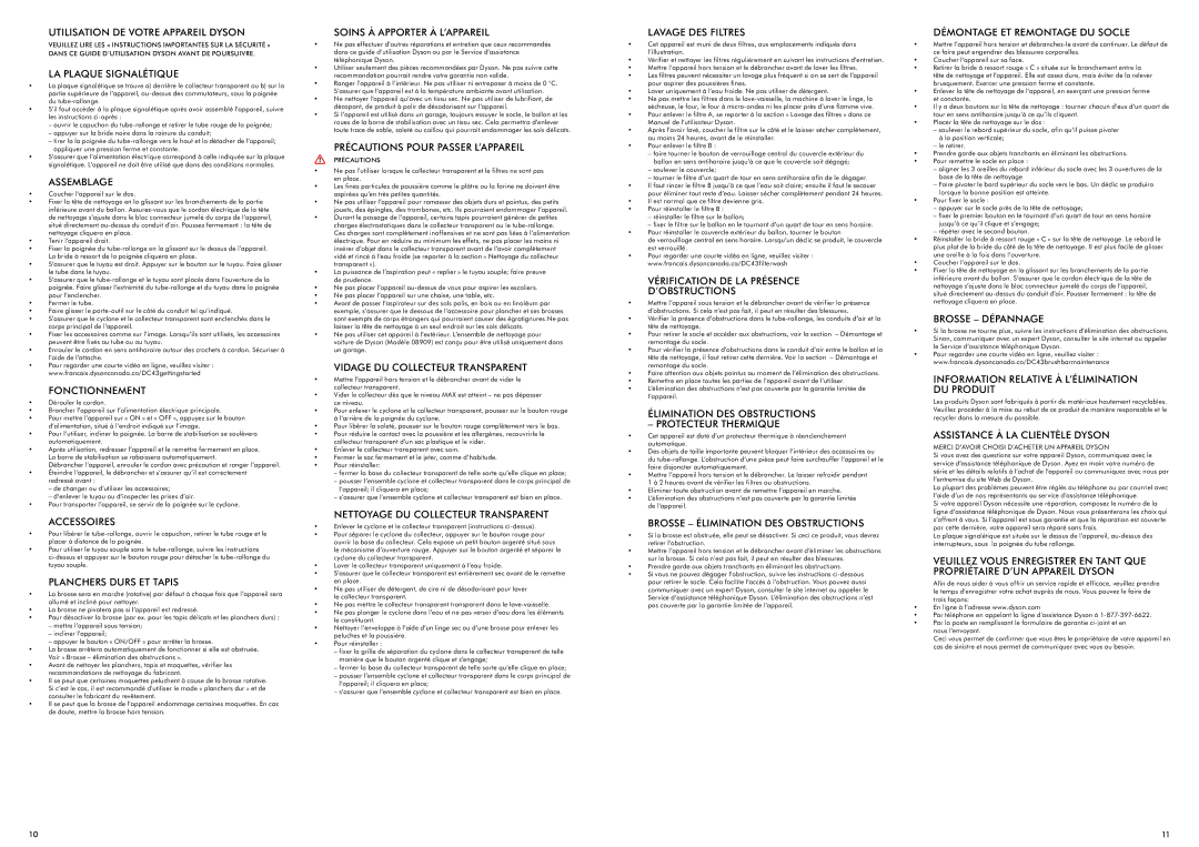 Dyson DC43 warranty Utilisation DE Votre Appareil Dyson, LA Plaque Signalétique, Assemblage, Fonctionnement, Accessoires 