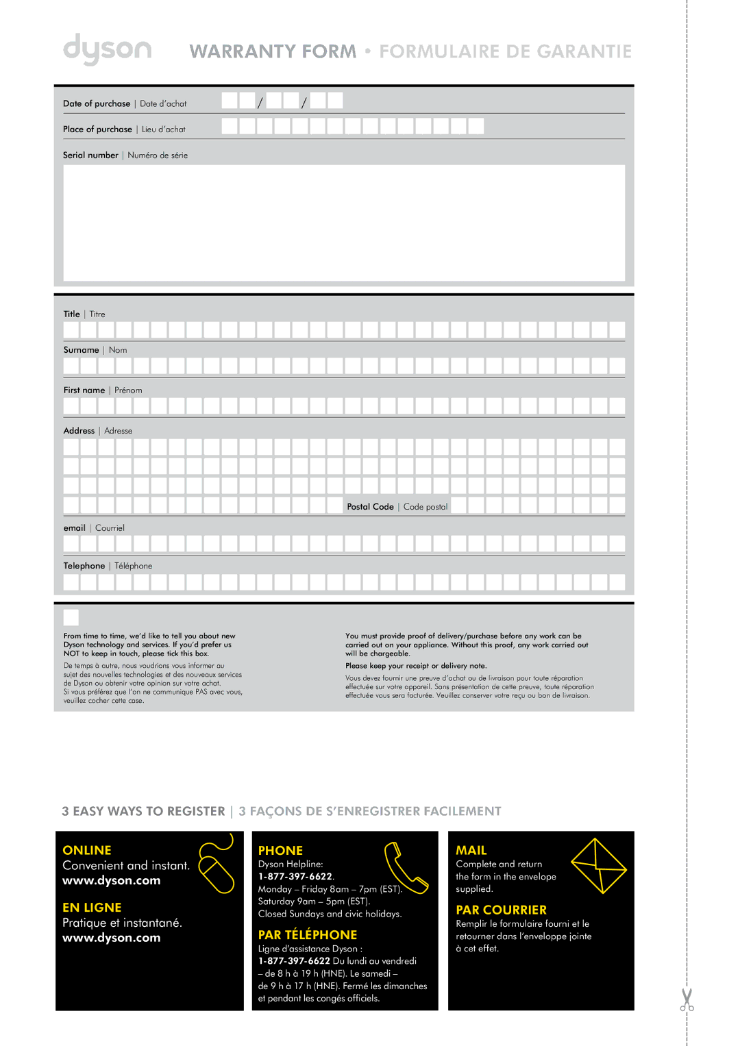 Dyson DC43 warranty Warranty Form Formulaire de garantie 