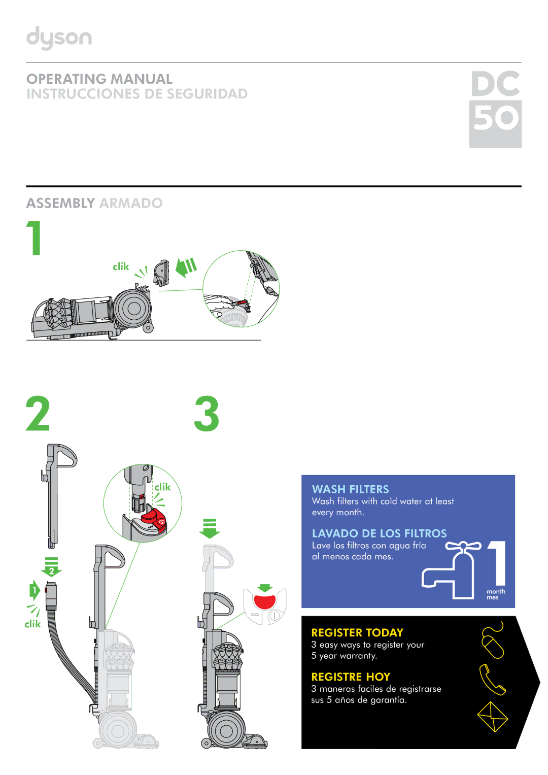 Dyson DC50 warranty Operating Manual Instrucciones DE Seguridad Assembly Armado 