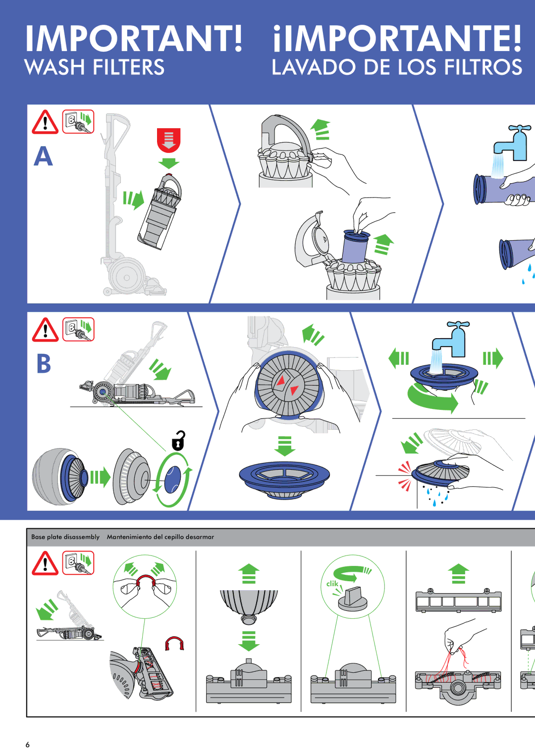 Dyson DC65 warranty Important! ¡Importante, Base plate disassembly Mantenimiento del cepillo desarmar 