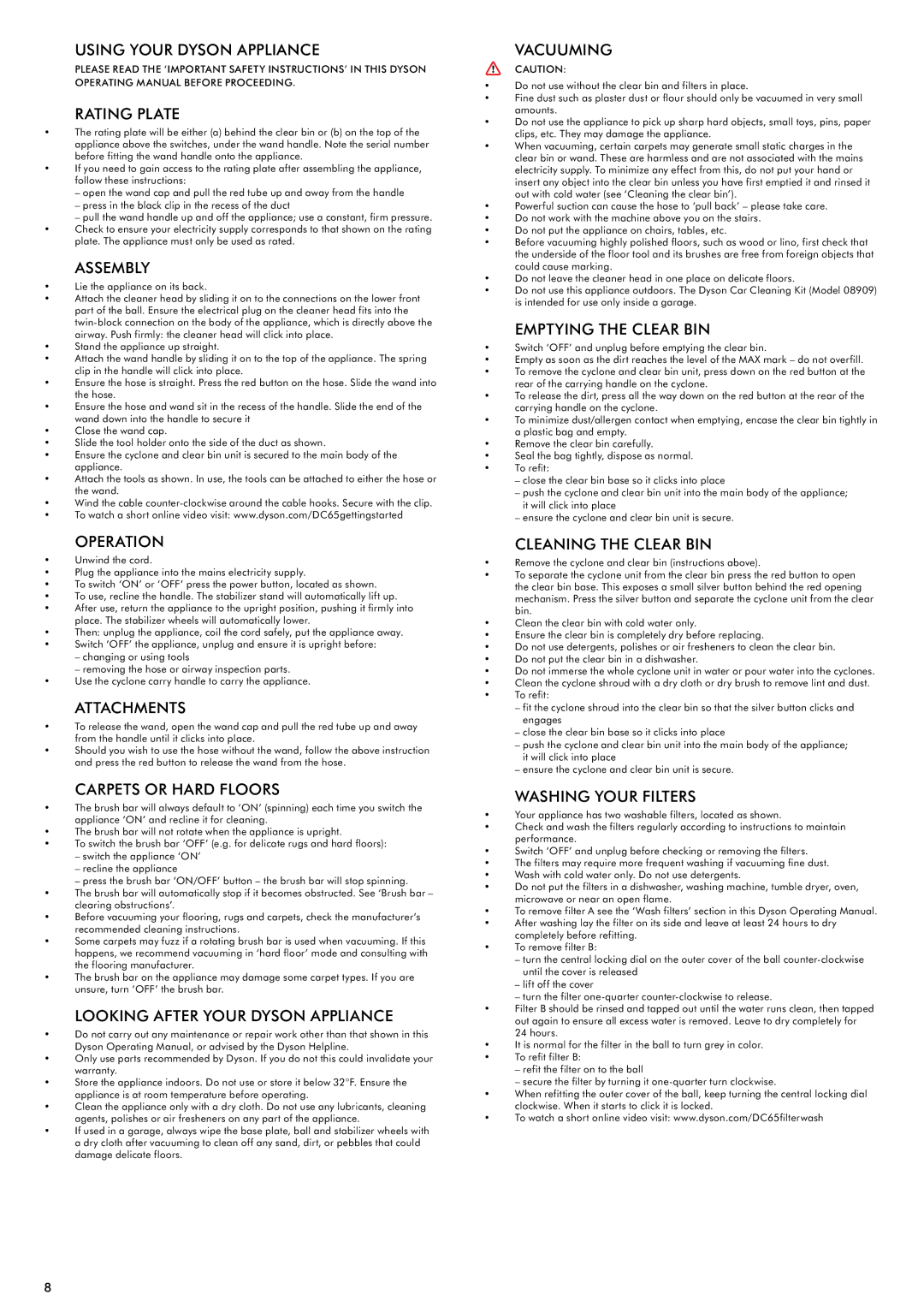 Dyson DC65 Using Your Dyson Appliance, Rating Plate, Assembly, Operation, Attachments, Carpets or Hard Floors, Vacuuming 