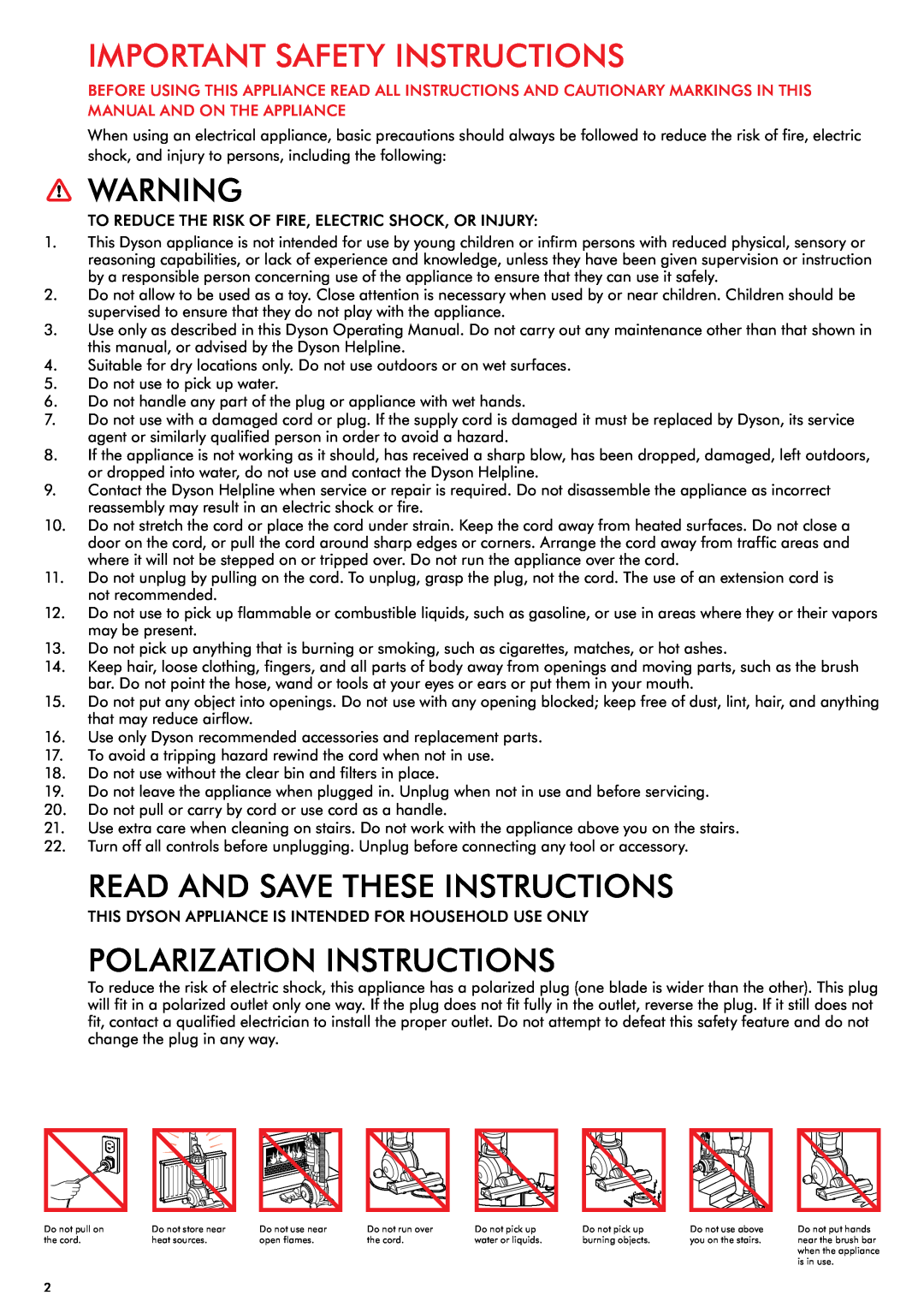 Dyson DC65 warranty Important Safety Instructions, Read And Save These Instructions, Polarization Instructions 